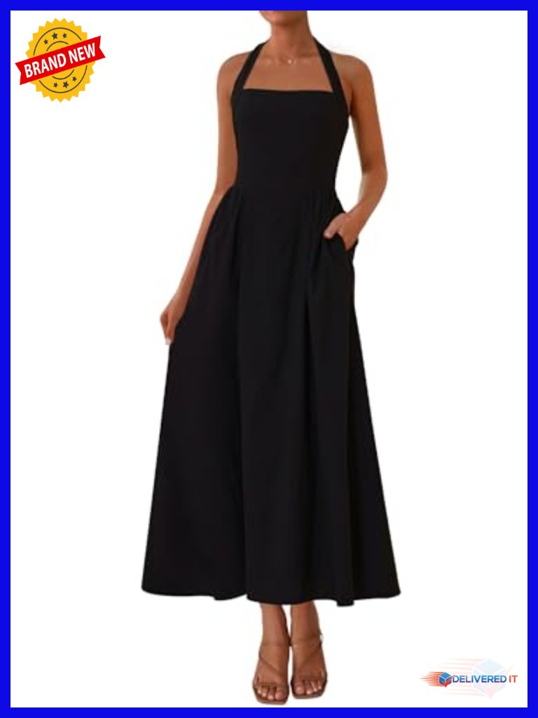 Halter Maxi Dress With Smocked Back & Pockets - Wedding Guest Cocktail Party